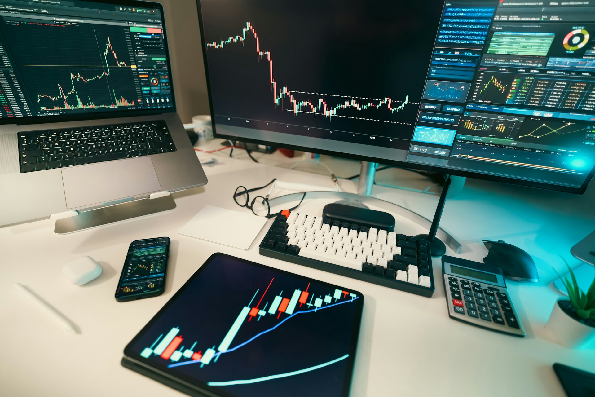 Stock market analysis workspace with candlestick charts